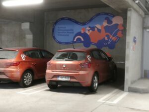 Kuvassa kaksi punaista autoa parkkeerattuna parkkihallissa