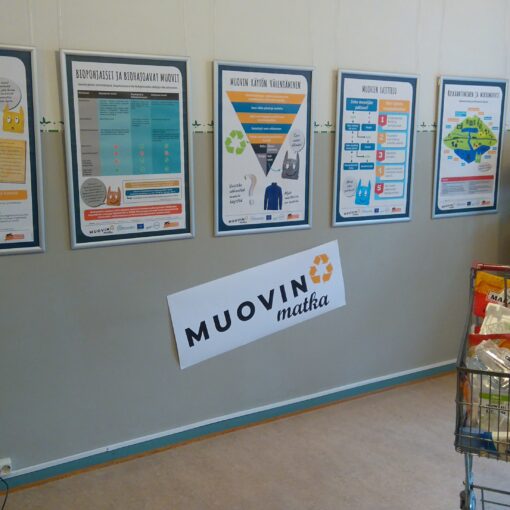 Kuva Muovin matka näyttelystä, jossa esitellään muovin käytön vähentämistä, muovipakkausten lajittelua ja kierrätystä sekä muovia luonnossa.