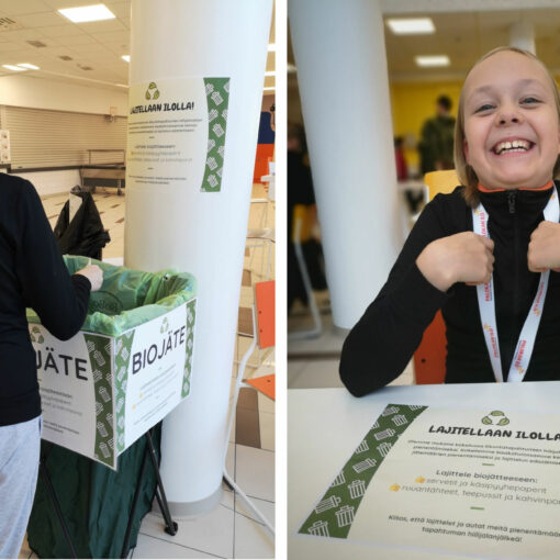 Kuvissa lapsia lajittelemassa biojätteitä ja lukemassa lajitteluohjeita liikuntatapahtumassa.