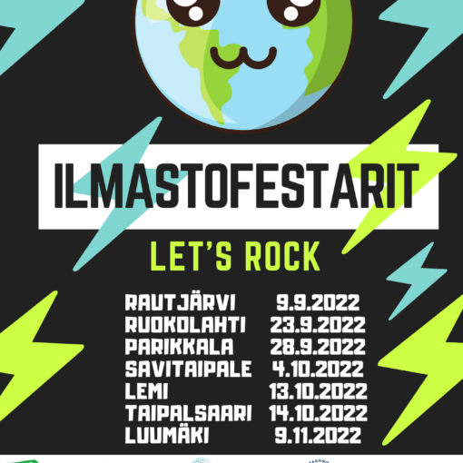 Ilmastofestarien juliste, jossa hymyilevä maapallo, teksti "Let's rock" ja festarien päivämäärät.