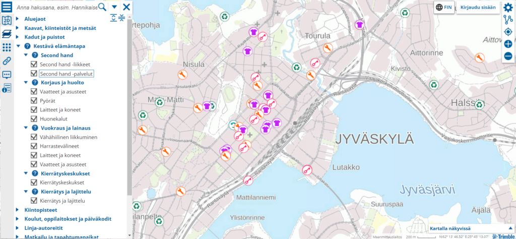 Jyväskylän kaupungin karttapalvelu ja kestävää elämäntapaa tukevia palveluja omalla karttatasollaan.