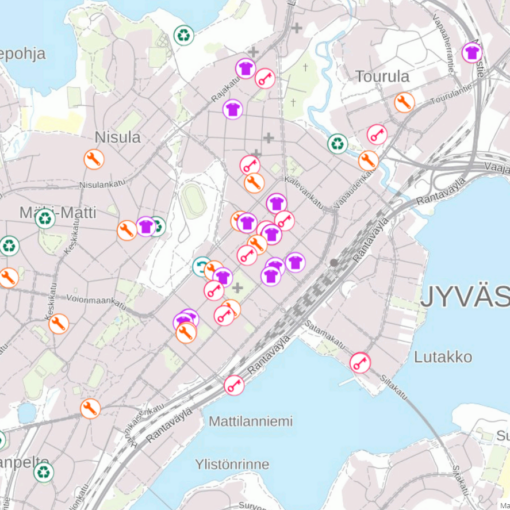 Jyväskylän kaupungin karttapalvelu ja kestävää elämäntapaa tukevia palveluja omalla karttatasollaan.