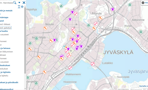 Jyväskylän kaupungin karttapalvelu ja kestävää elämäntapaa tukevia palveluja omalla karttatasollaan.