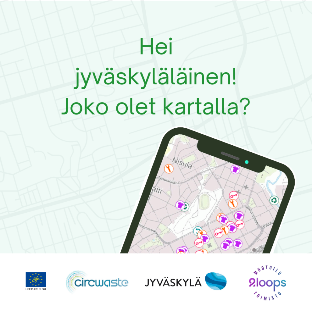 Joko olet kartalla -mainoskuva Jyväskylän kestävän elämäntavan karttapalvelusta.