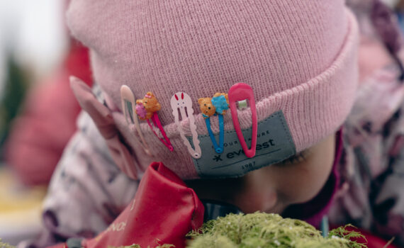 "Viskari" viisivuotiaiden esiopetusryhmäläinen tutkii luupilla rahkasammaleen rakennetta. Päässä vaaleanpunainen pipo.