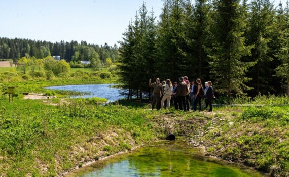 Ryhmä ihmisiä kulkemassa kahden vesialtaan erottavan maamassan yli.