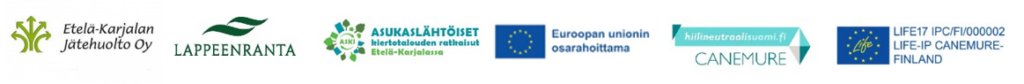 Etelä-Karjalan jätehuollon logo, Lappeenrannan kaupungin logo, Asukaslähtöiset kiertotalouden ratkaisut Etelä-Karjalassa logo, Euroopan unionin osarahoittama -logo, CANEMURE -hankkeen logo ja LIFE-IP-CANEMURE-FINLAND-logo