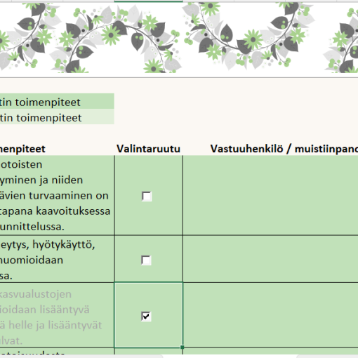 Taulukko, jossa toimenpiteitä viheralueiden sopeutumistyöhön.